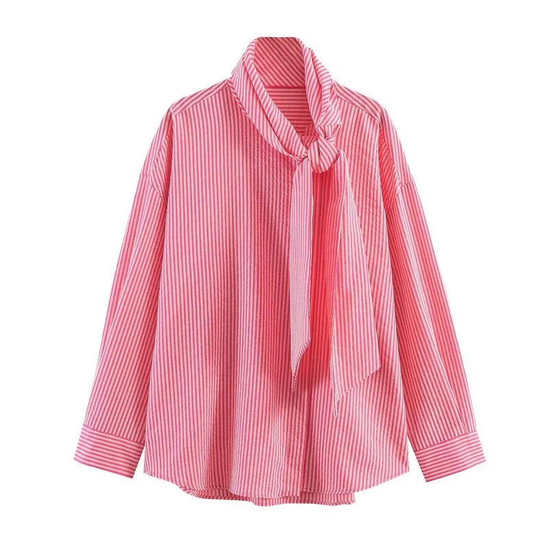 Damen Gestreifte Bluse mit Schleifenkragen und Oversize-Schnitt Drune