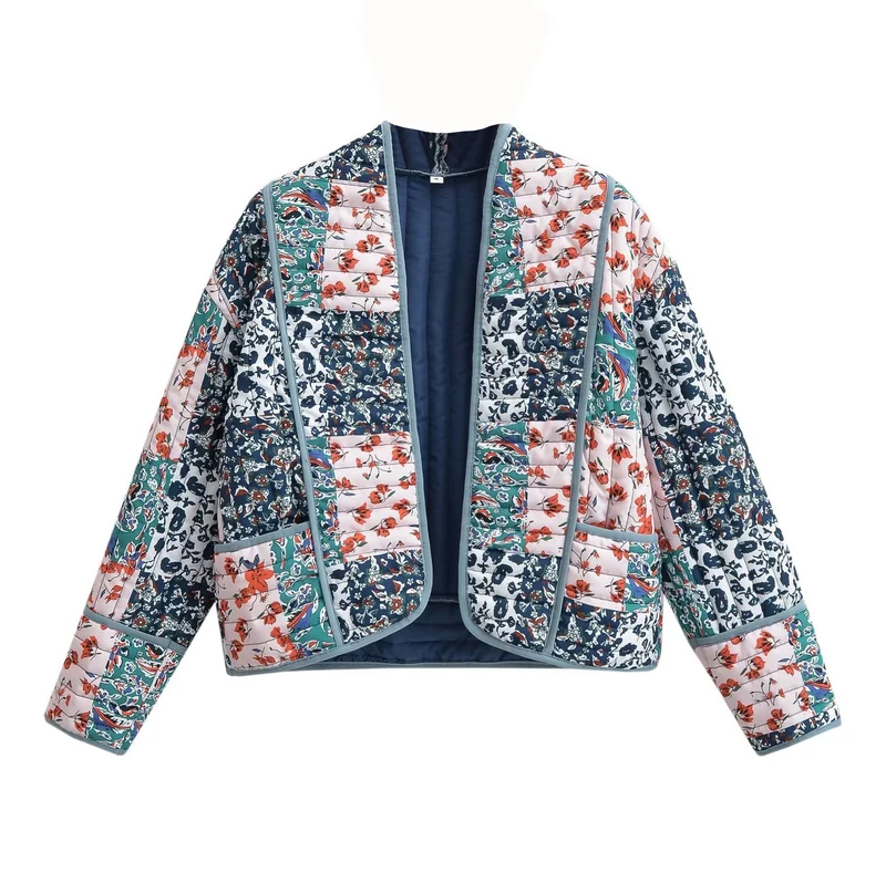 Damen Gesteppte Patchwork‑Steppjacke mit Blumenprint, offener Kimono‑Silhouette und aufgesetzten Taschen Drune