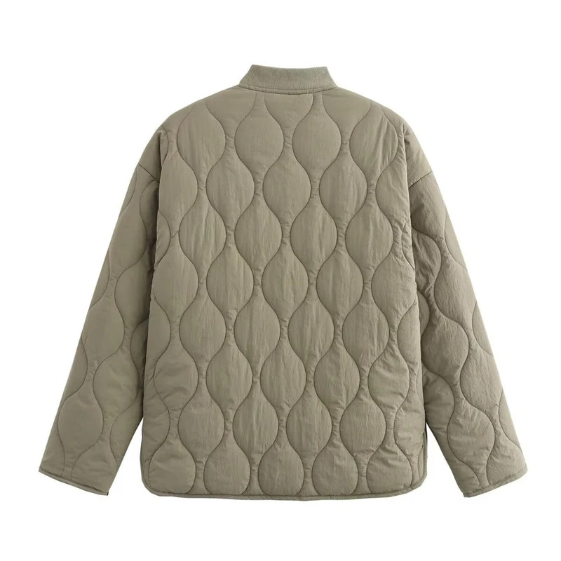 Damen gesteppte Kurzjacke mit Rundhals, dekorativer Knopfleiste und Pattentaschen Drune