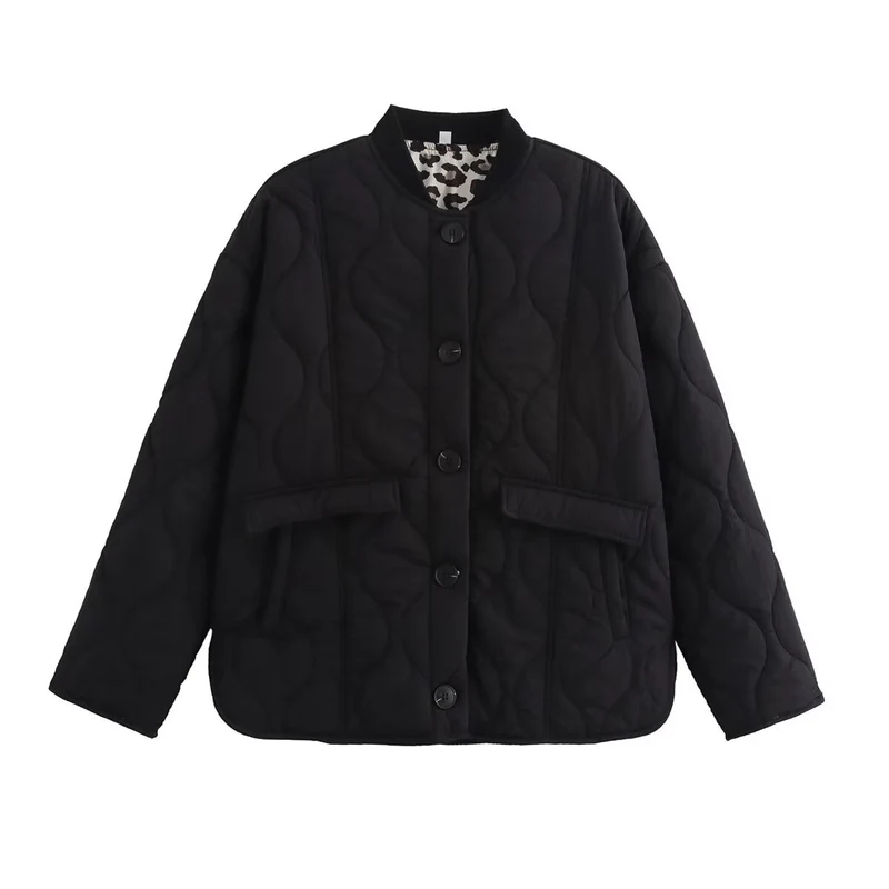 Damen gesteppte Kurzjacke mit Rundhals, dekorativer Knopfleiste und Pattentaschen Drune