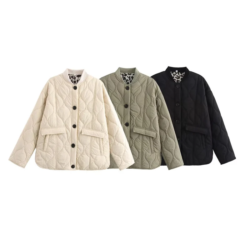 Damen gesteppte Kurzjacke mit Rundhals, dekorativer Knopfleiste und Pattentaschen Drune