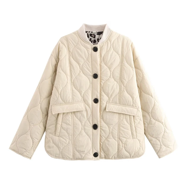 Damen gesteppte Kurzjacke mit Rundhals, dekorativer Knopfleiste und Pattentaschen Drune