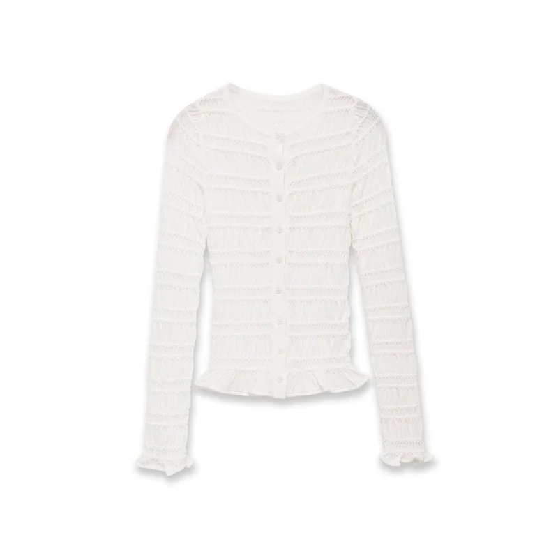 Damen Gesmoktes Feinstrick-Cardigan mit Rüschenabschluss und Knopfleiste Drune