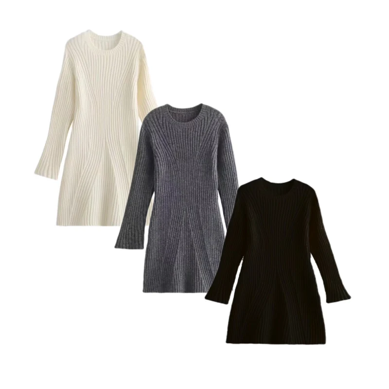 Damen Geripptes Feinstrick-Minikleid mit Glockenärmeln und taillierter Passform Drune