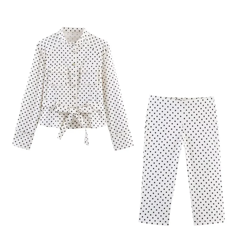 Damen Gepunktete Taillierte Blusenjacke mit Stehkragen, Brusttaschen und Taillenband Drune