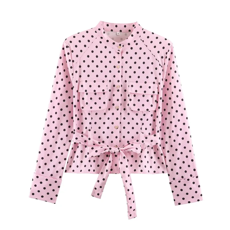 Damen Gepunktete Taillierte Blusenjacke mit Stehkragen, Brusttaschen und Taillenband Drune