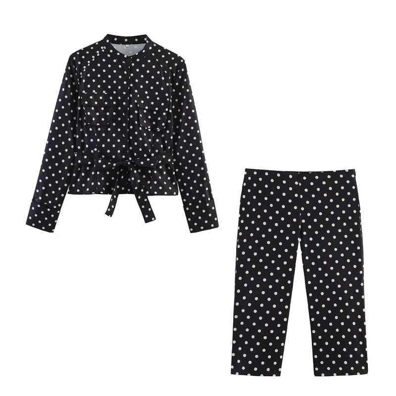 Damen Gepunktete Taillierte Blusenjacke mit Stehkragen, Brusttaschen und Taillenband Drune