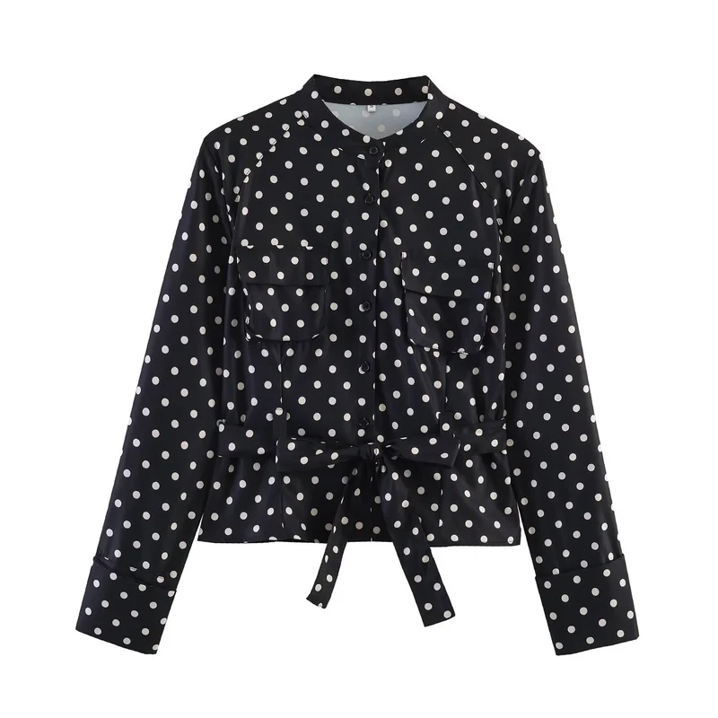 Damen Gepunktete Taillierte Blusenjacke mit Stehkragen, Brusttaschen und Taillenband Drune