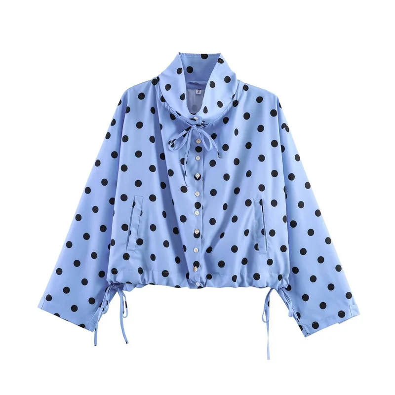 Damen Gepunktete Cropped Bluse‑Jacke mit hohem Tunnelzugkragen und Kordelbund Drune