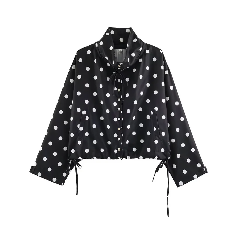 Damen Gepunktete Cropped Bluse‑Jacke mit hohem Tunnelzugkragen und Kordelbund Drune