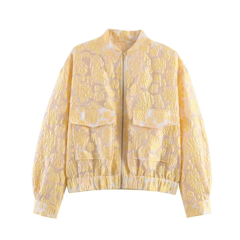 Damen Geprägte Bomberjacke mit Blumenjacquard, Reißverschluss und aufgesetzten Taschen Drune