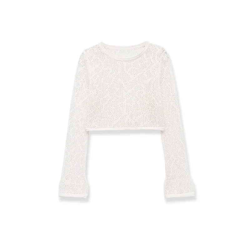 Damen gehäkeltes Cropped-Strickoberteil mit Trompetenärmeln Drune