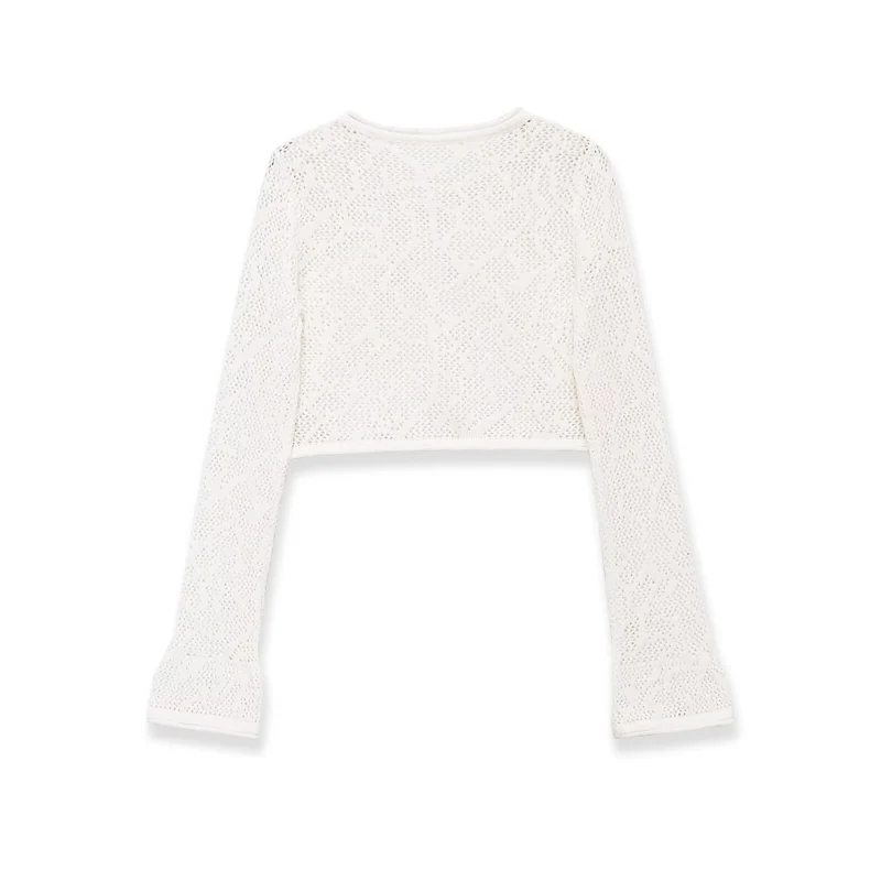 Damen gehäkeltes Cropped-Strickoberteil mit Trompetenärmeln Drune