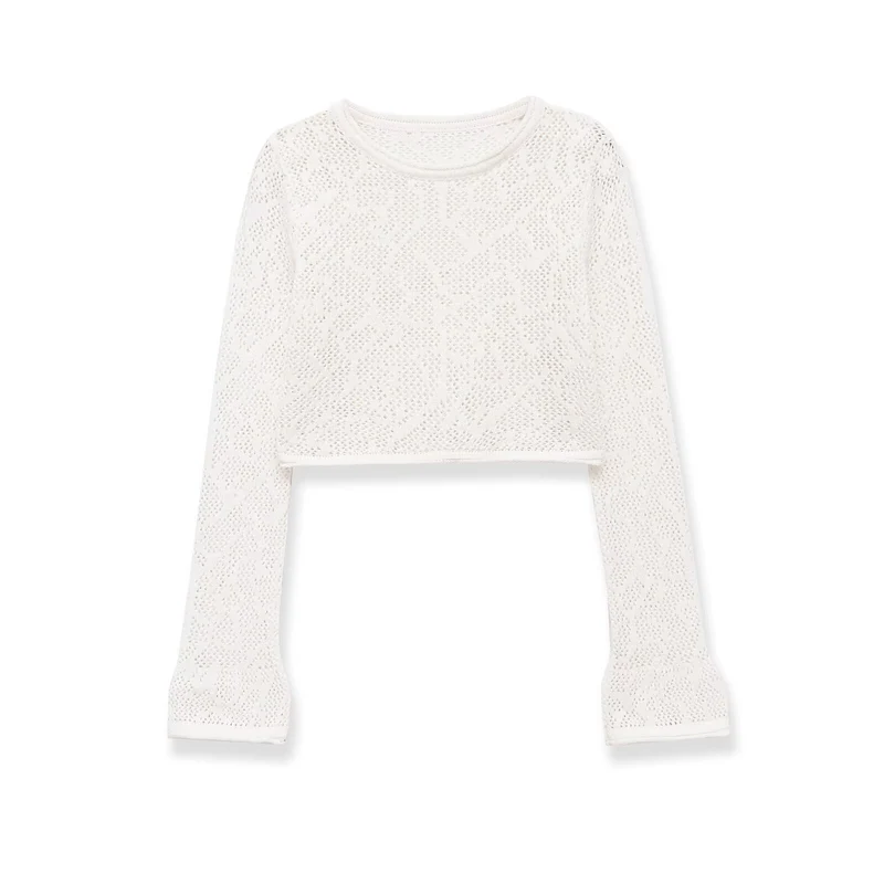 Damen gehäkeltes Cropped-Strickoberteil mit Trompetenärmeln Drune
