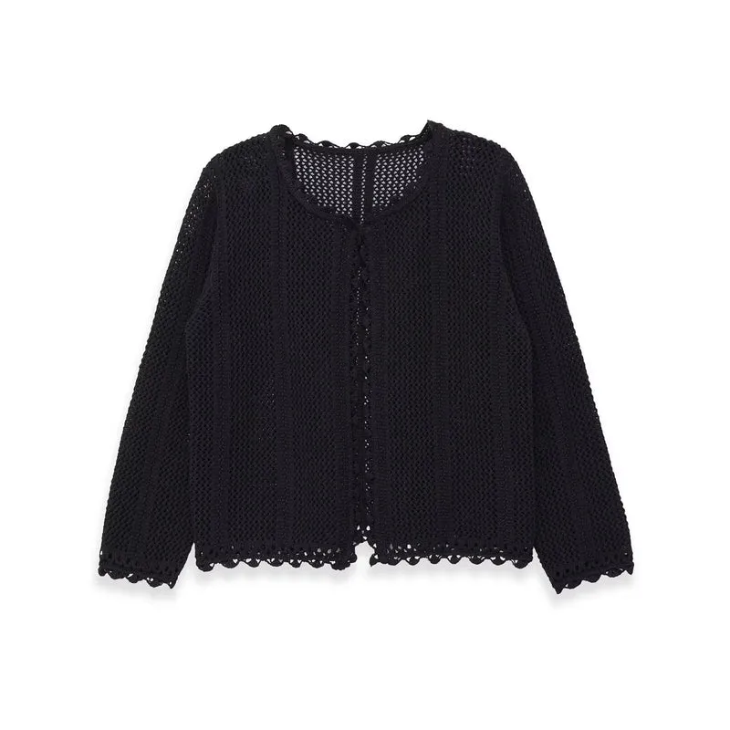 Damen gehäkelte Ajour-Strickjacke mit Häkelspitzenbesatz Drune