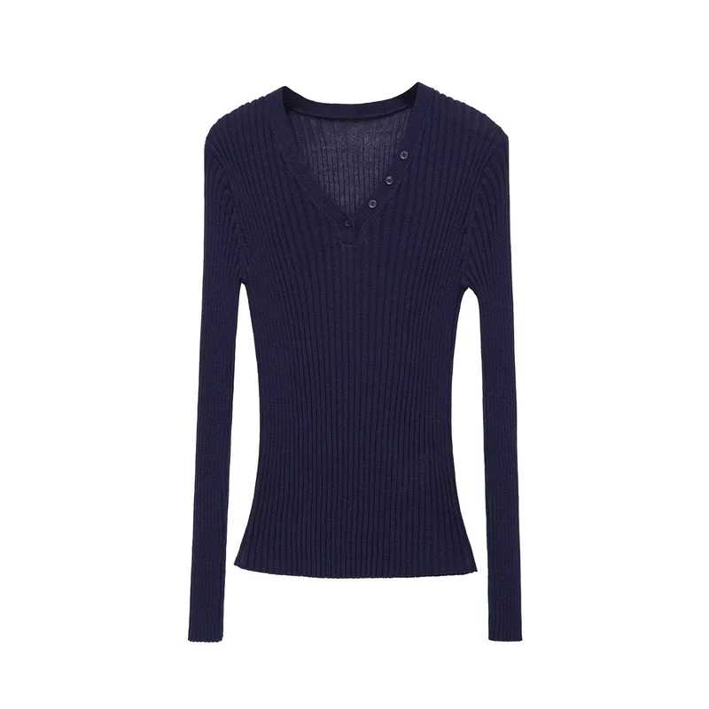 Damen Figurbetontes Rippstrick-Longsleeve mit V-Ausschnitt und Zierknopfleiste Drune