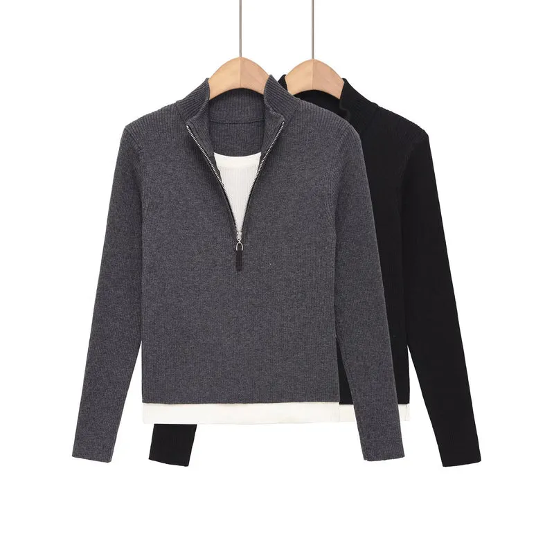 Damen Feinstrickpullover mit halbem Reißverschluss, Stehkragen und Lagenlook-Saum Drune