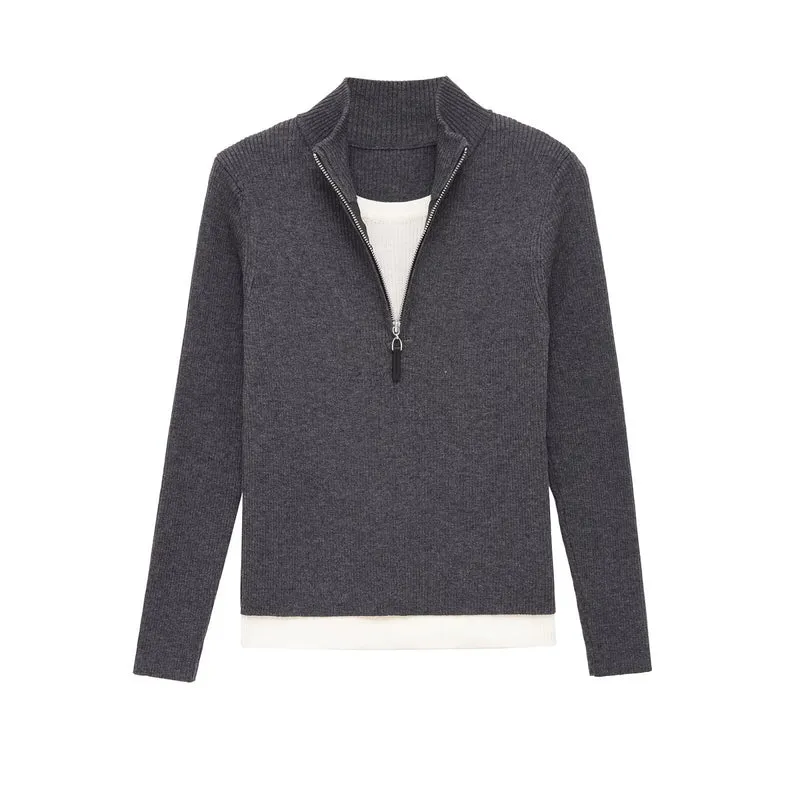 Damen Feinstrickpullover mit halbem Reißverschluss, Stehkragen und Lagenlook-Saum Drune