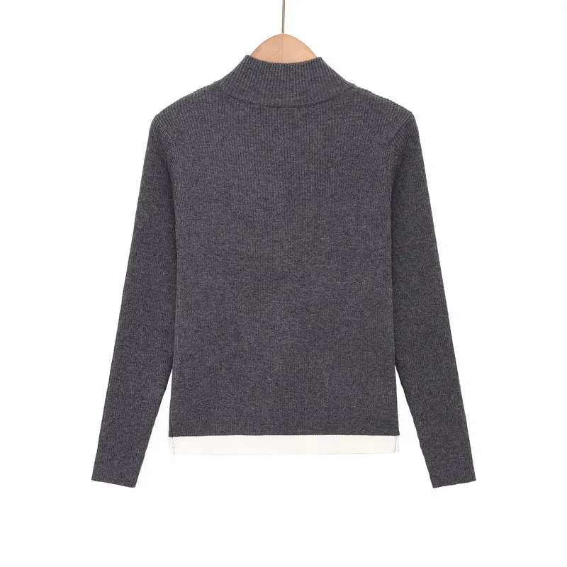 Damen Feinstrickpullover mit halbem Reißverschluss, Stehkragen und Lagenlook-Saum Drune