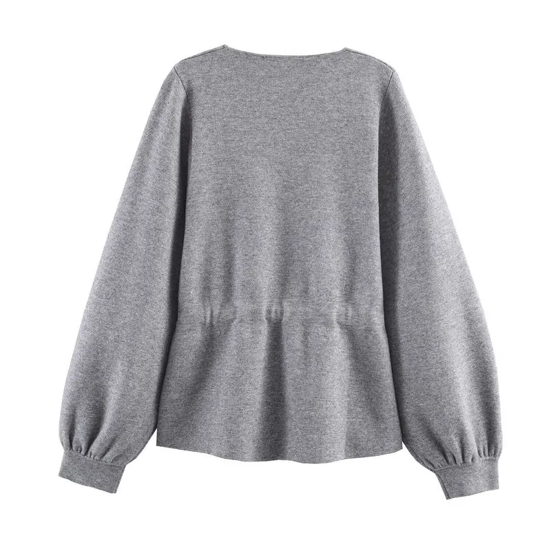 Damen Feinstrick-Pullover mit Tunnelzug‑Taillenband und Ballonärmeln Drune