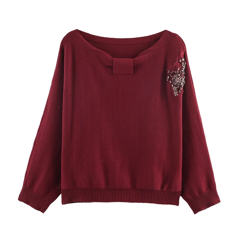 Damen Feinstrick-Pullover mit breitem U-Boot-Ausschnitt und Perlenapplikation Drune