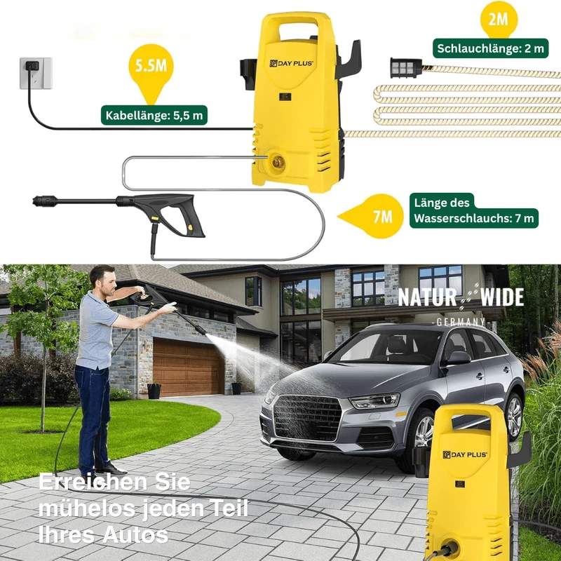 900W Elektrischer Hochdruckreiniger – 7m Schlauch, Einstellbare Düse