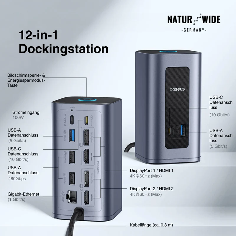 12-in-1 USB-C Hub – Doppelt 4K HDMI, 100W PD, RJ45, SD/TF