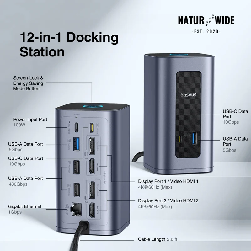 12-in-1 USB-C Hub – Dual 4K HDMI, 100W PD, RJ45, SD/TF
