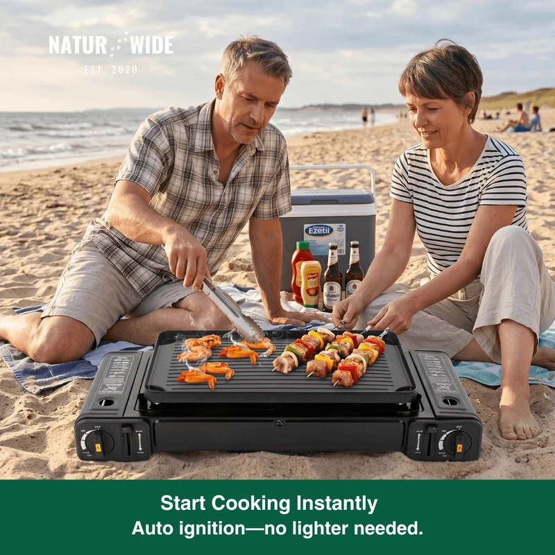 2500W Portable 2-Burner Camping Stove with Grill Tray & Carrying Case