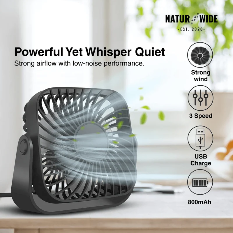 USB Mini Desk Fan – 4-Inch Portable 3-Speed 360° Adjustable Fan