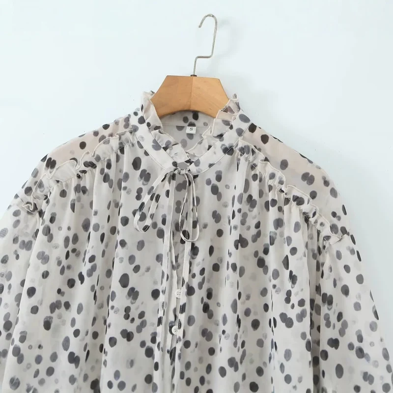 Damen Transparente Chiffonbluse mit Tupfenprint, Stehkragen und voluminösen Rüschenärmeln Drune