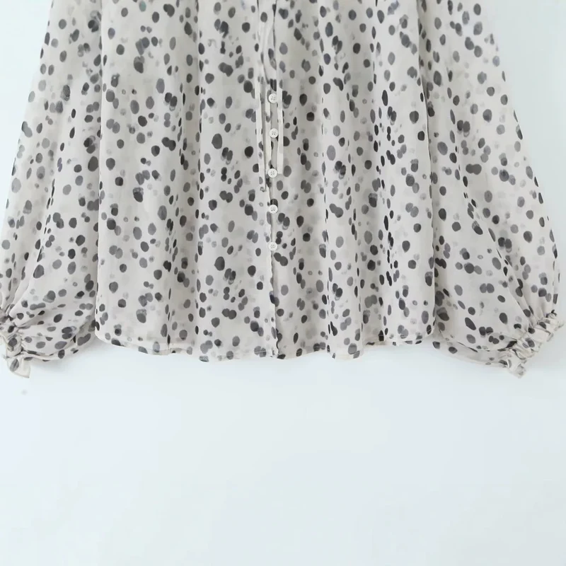 Damen Transparente Chiffonbluse mit Tupfenprint, Stehkragen und voluminösen Rüschenärmeln Drune