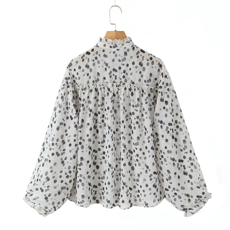 Damen Transparente Chiffonbluse mit Tupfenprint, Stehkragen und voluminösen Rüschenärmeln Drune