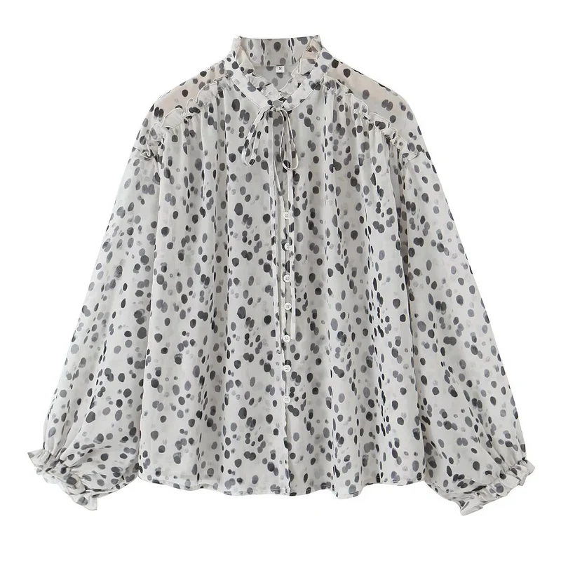 Damen Transparente Chiffonbluse mit Tupfenprint, Stehkragen und voluminösen Rüschenärmeln Drune
