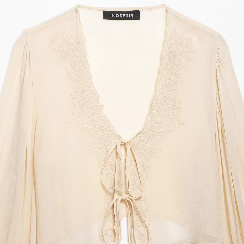 Damen Transparente Chiffon-Bolerobluse mit tiefem V-Ausschnitt, Spitzendetail und Bindebändern Drune