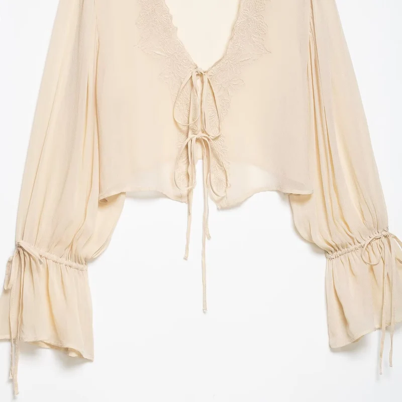 Damen Transparente Chiffon-Bolerobluse mit tiefem V-Ausschnitt, Spitzendetail und Bindebändern Drune