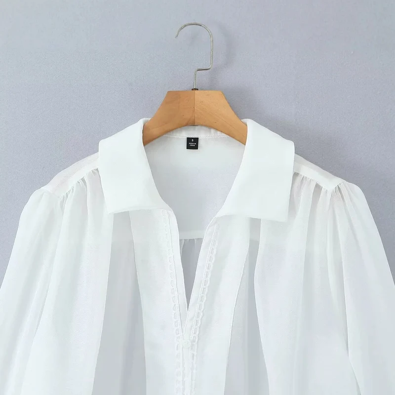 Damen Transparente Chiffon-Bluse mit Spitzenbesatz, Ballonärmeln und breiten Manschetten Drune