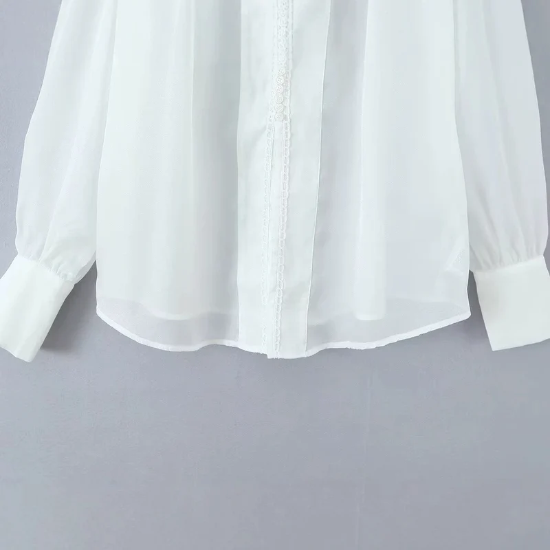Damen Transparente Chiffon-Bluse mit Spitzenbesatz, Ballonärmeln und breiten Manschetten Drune