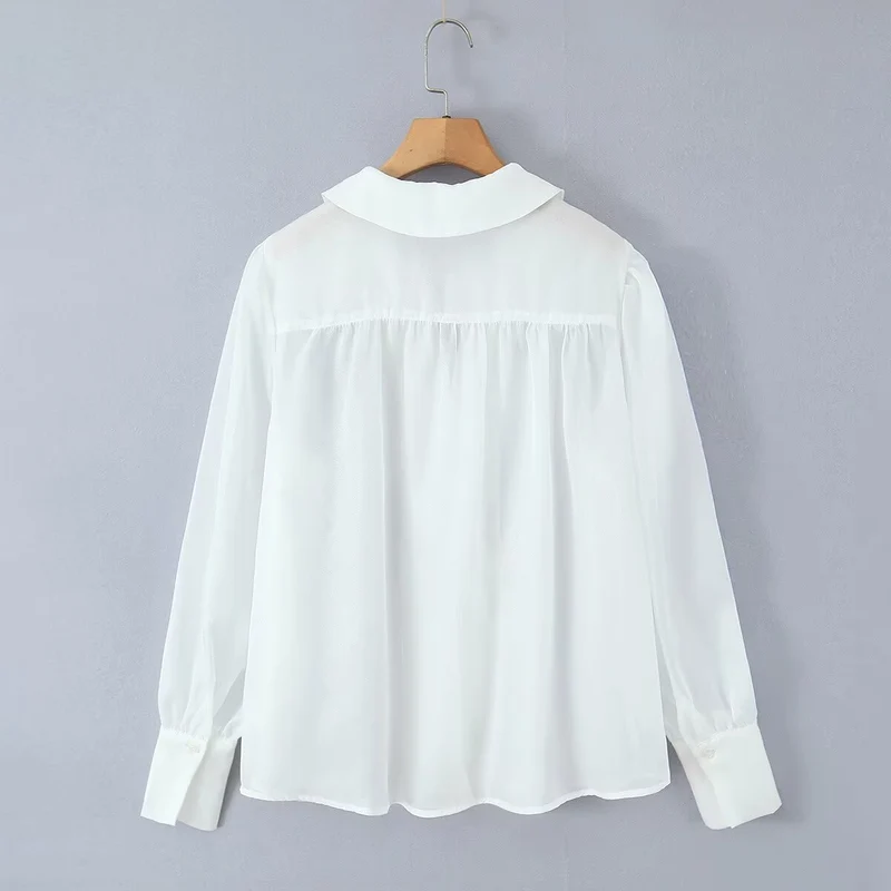 Damen Transparente Chiffon-Bluse mit Spitzenbesatz, Ballonärmeln und breiten Manschetten Drune