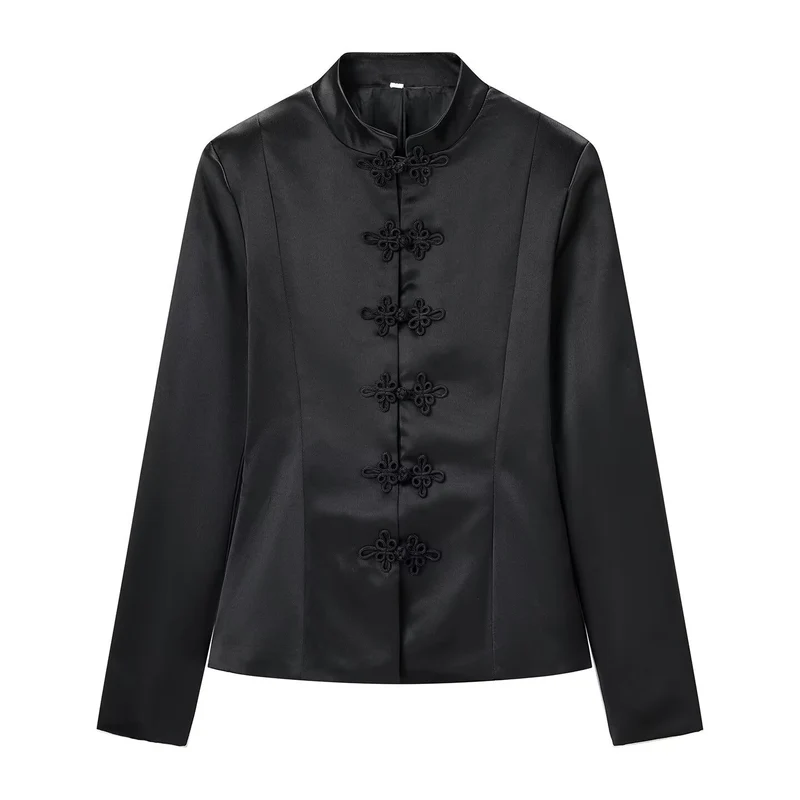 Damen Taillierter Satin-Blazer mit Mandarinkragen und dekorativen Froschverschlüssen Drune