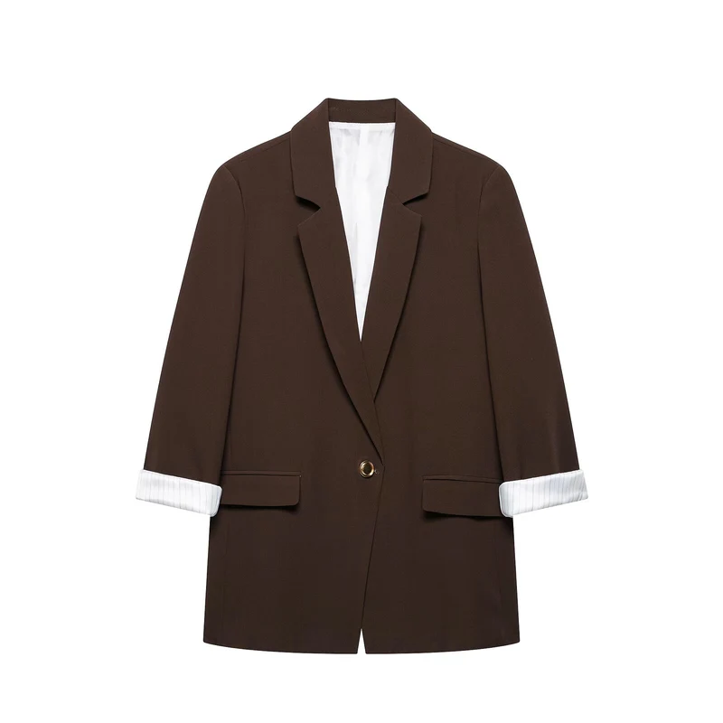 Damen taillierter Longblazer mit Umschlagärmeln und dekorativem Knopf Drune