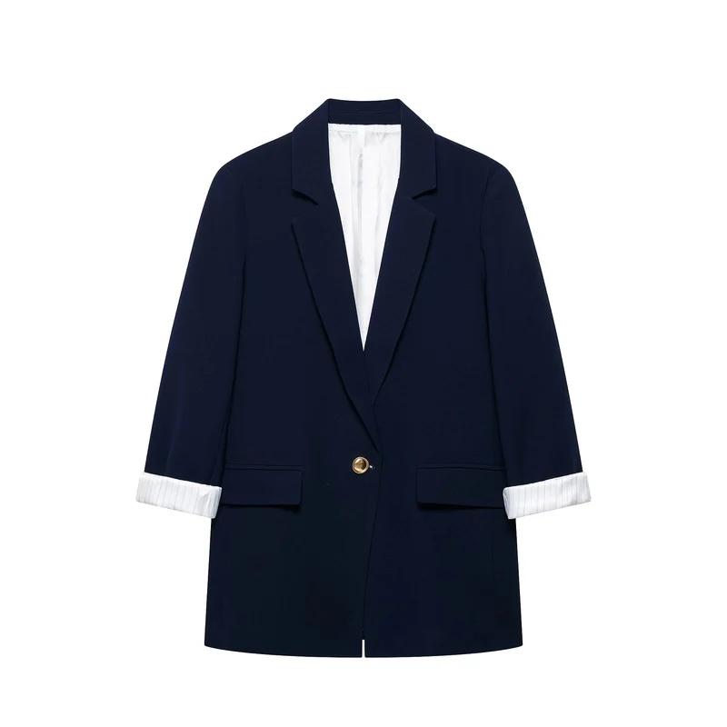Damen taillierter Longblazer mit Umschlagärmeln und dekorativem Knopf Drune