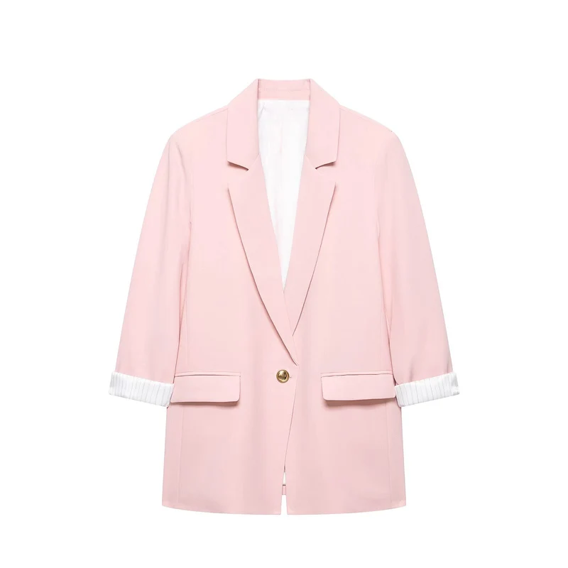 Damen taillierter Longblazer mit Umschlagärmeln und dekorativem Knopf Drune