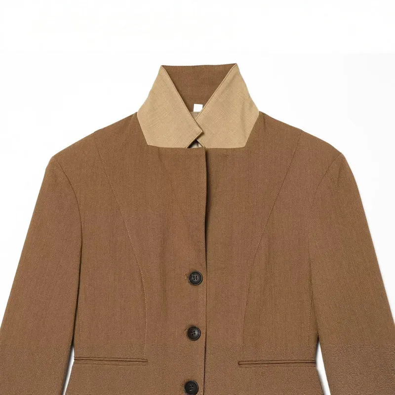 Damen Taillierter Blazer mit Stehkragen figurformenden Abnähern und Pattentaschen Drune