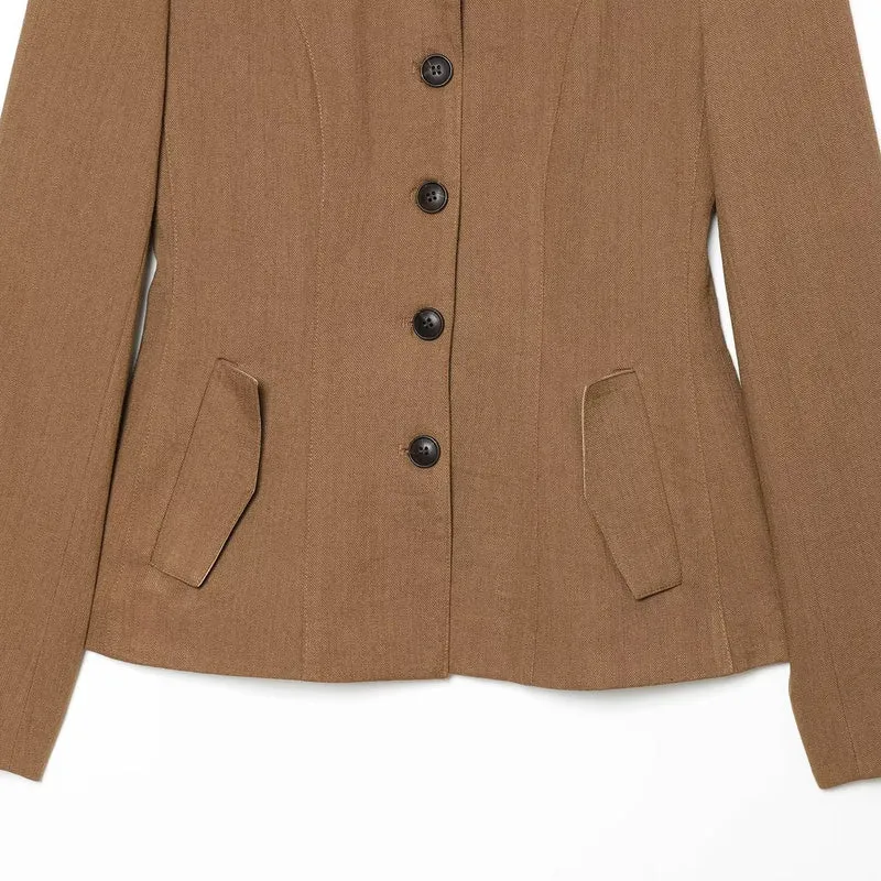 Damen Taillierter Blazer mit Stehkragen figurformenden Abnähern und Pattentaschen Drune