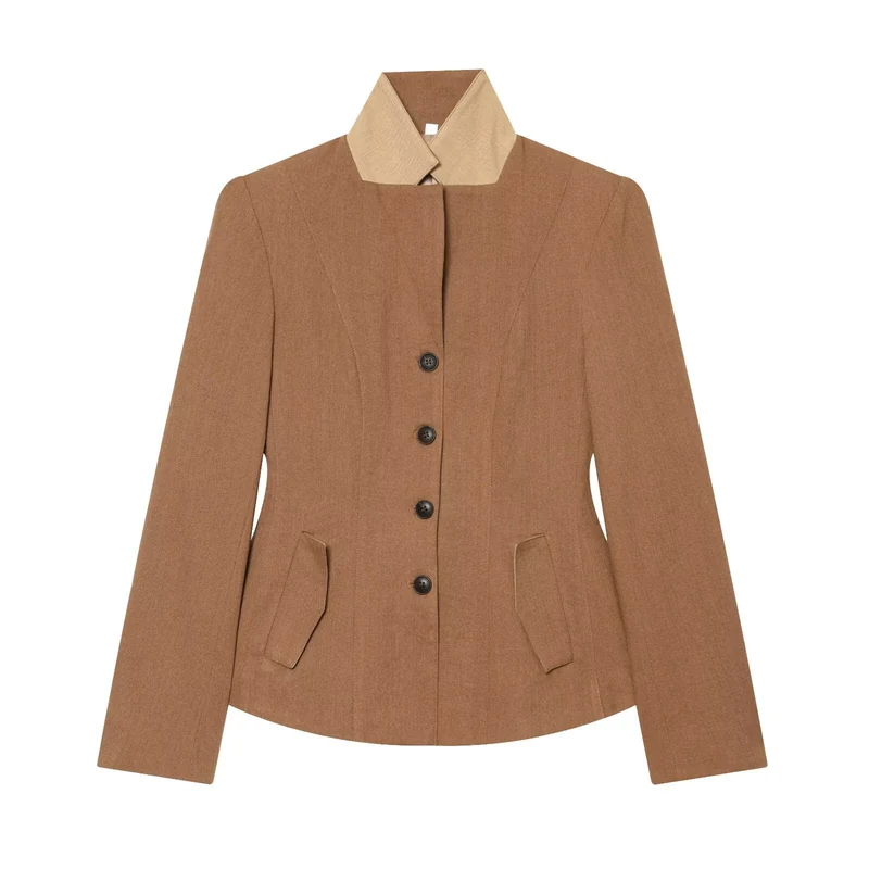 Damen Taillierter Blazer mit Stehkragen figurformenden Abnähern und Pattentaschen Drune