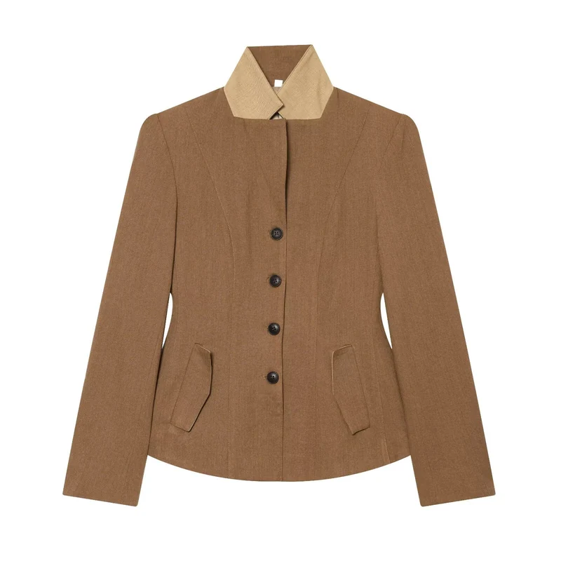 Damen Taillierter Blazer mit Stehkragen figurformenden Abnähern und Pattentaschen Drune