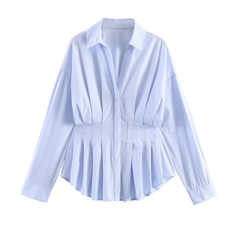Damen taillierte Hemdbluse mit Kellerfalten‑Schößchen und Hemdkragen Drune