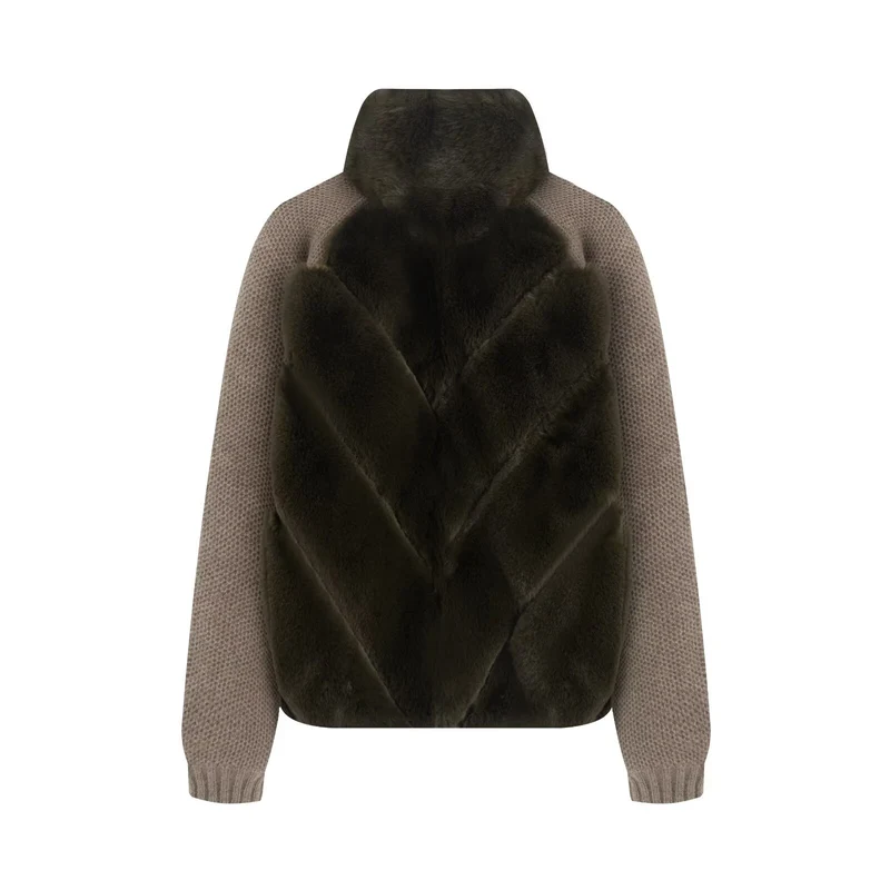 Damen Strickpullover-Jacke mit gesteppter Faux-Fur-Front und hohem Stehkragen Drune