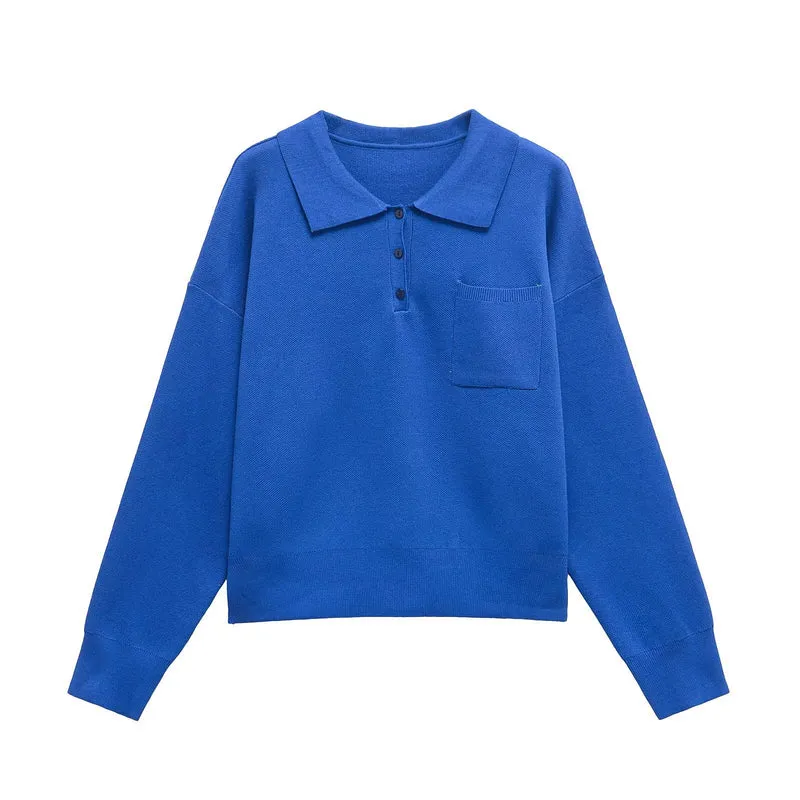 Damen Strick-Polo-Pullover mit Knopfleiste, Brusttasche und überschnittener Schulter Drune